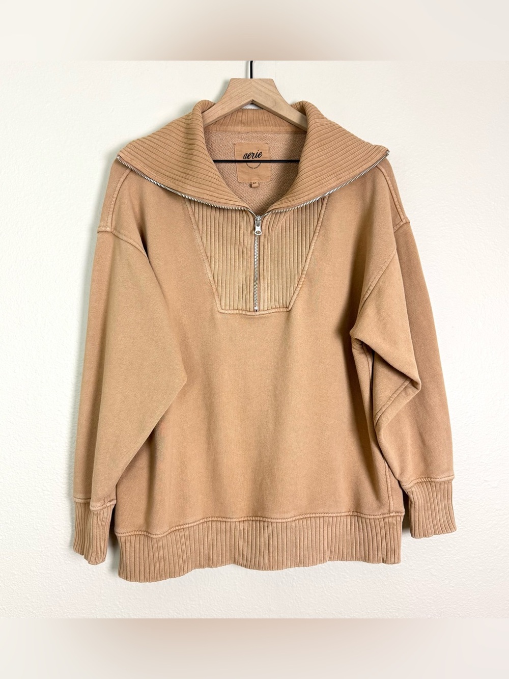 Aerie Ribbed Wide Collar Quarter Zip Pullover Sweatershirt Tan Size Small